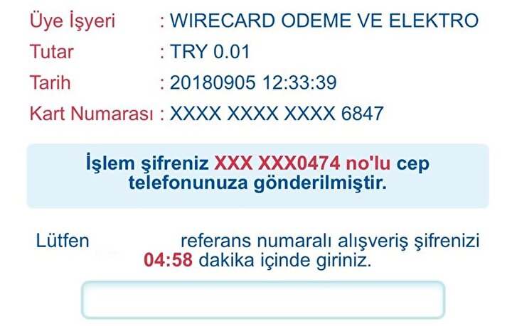 Kart tanımlama sonrasında bankadan 3D Secure onay kodu telefonunuza SMS olarak gönderiliyor.