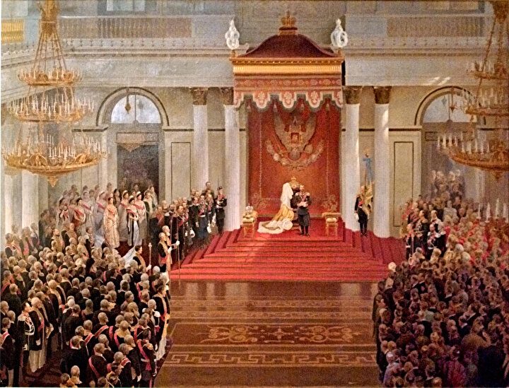 Çar II Nikolay Birinci Duma'nın açılışını yapmış ve sonra da bir konuşma gerçekleştirmişti. Renklendirilmiş versiyon ( 27 Nisan 1906)