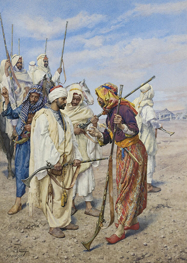 ''Bedeviler savaş için devriye atıyor'' tablosunda da görülebildiği gibi Rosati tablolarında çöl ve savaş temalarına ağırlık vermiştir.