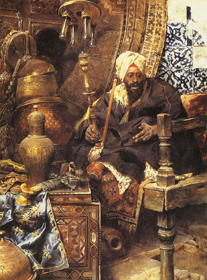 Avrupa'da ilgi çeken Doğu'nun otantik eşyaları Charles Bargue'un tablolarına da konu olmuştur. (Tablo: ''Antikaları arasında bir satıcı'')