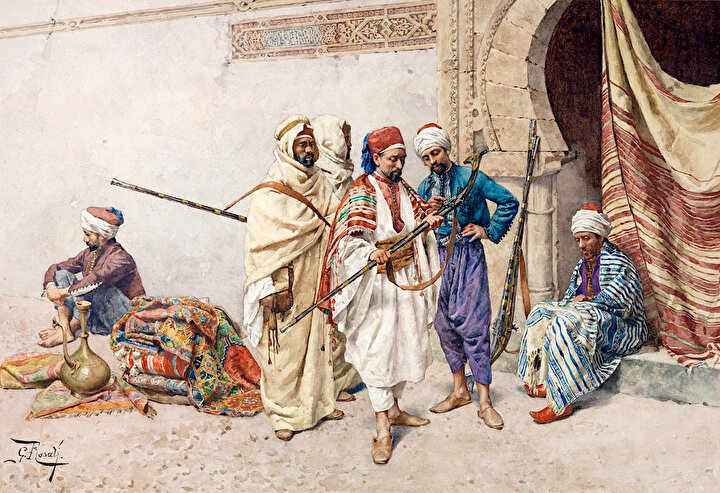 Hiç doğuya seyahat etmemiş olmasına rağmen Giulio Rosati bölgeyi canlı ve gerçekçi bir şekilde resmetmiştir. (Tablo:''Silah tüccarı'')
