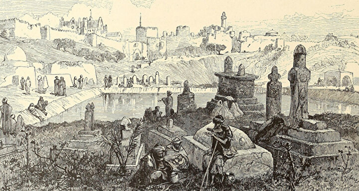 Mamilla Mezarlığı'nın 1880 tarihli bir gravürü.