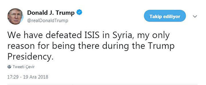 Donald Trump'ın Twitter'da yaptığı açıklama.
