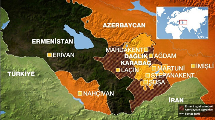 Ermenistan Azerbaycan topraklarının %20'ni fiili olarak işgal etmiş durumda. (Harita: Al Jazeera Türk)