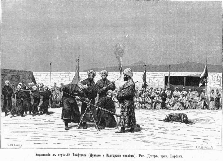 Yakup Bey önderliğinde Dungan Müslümanlarının top atışı egzersizleri ( Gravür: Charles Barbant)