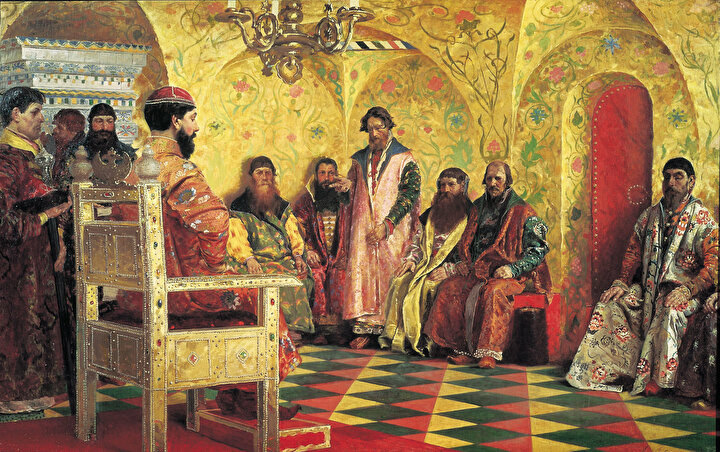 Rus ressam Andrey Ryabuşkin'in ''Çar Mihail Federoviç boyarlarla birlikte odasında'' eseri. (1898)