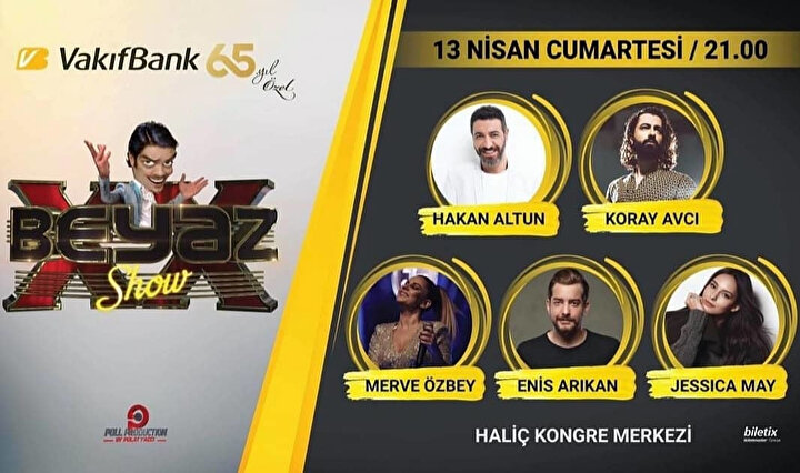 Beyaz Show'un ilk gösterisi 13 Nisan Cumartesi Haliç Kongre Merkezi'nde yapılacak. Konuklar arasında Merve Özbey, Jessica May ve Enis Arıkan gibi isimler yer alıyor.