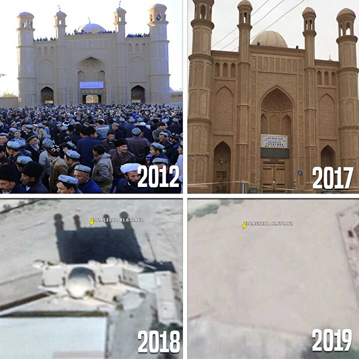 Keriya Aitika Camii'nin yıkıldığını gösteren uydu fotoğraflarının karşılaştırılmış hali.