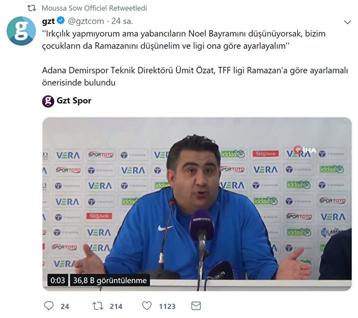 Moussa Sow, GZT'nin Twitter hesabından yayınlanan videoyu takipçileriyle paylaştı.