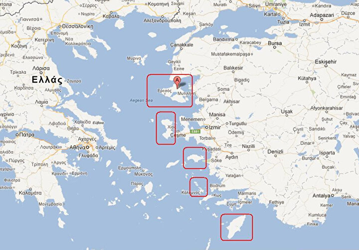 Yunanistan'ın uluslararası hukuka aykırı olarak silahlandırdığı bazı adalar.