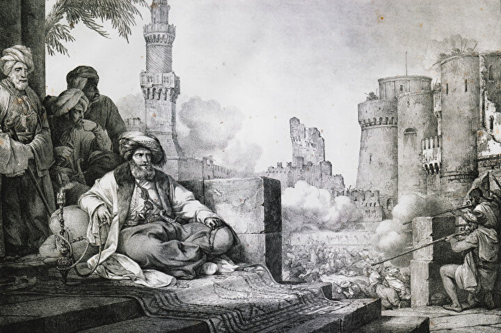 Kaledeki Memlük katlini gösteren bir temsil. Önde ise elindeki nargilesiyle Mehmet Ali Paşa görülüyor.