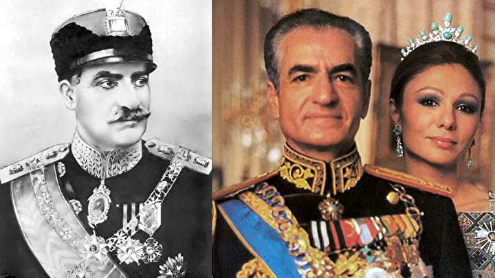 Soldaki fotoğraf Şah Rıza (1878–1944) sağda Muhammed Rıza Pehlevi ve karısı Farah Diba, 16 Ocak 1979.