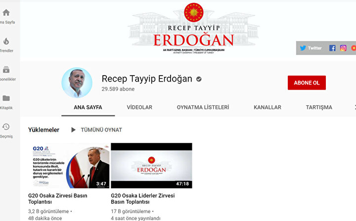 Cumhurbaşkanı Recep Tayyip Erdoğan'ın YouTube kanalı