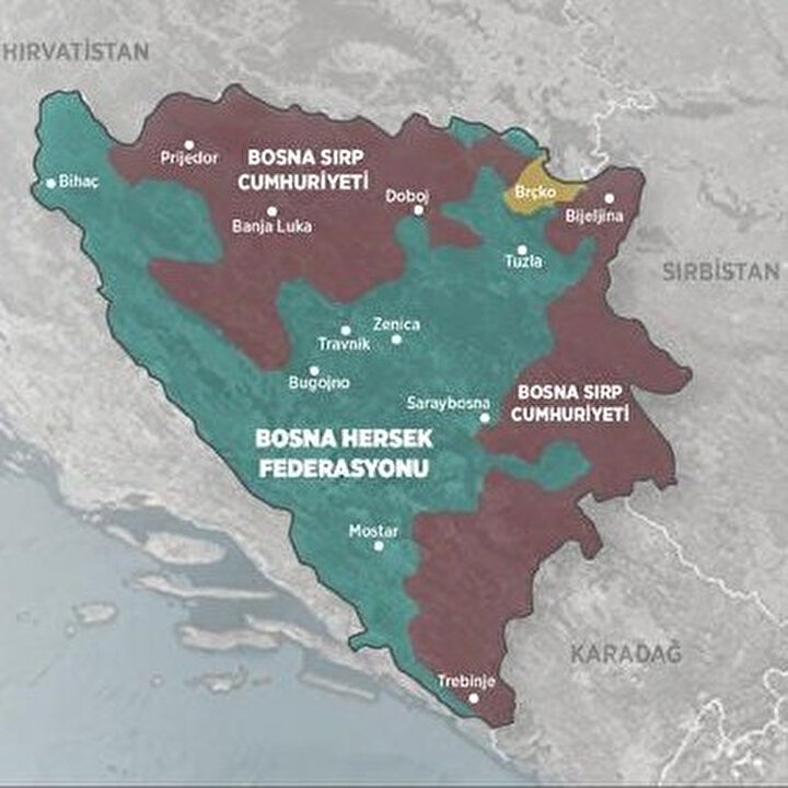 Savaş sonrasında imzalanan Dayton Anlaşması ile ortaya çıkan Bosna Hersek Haritasında sınırlar.