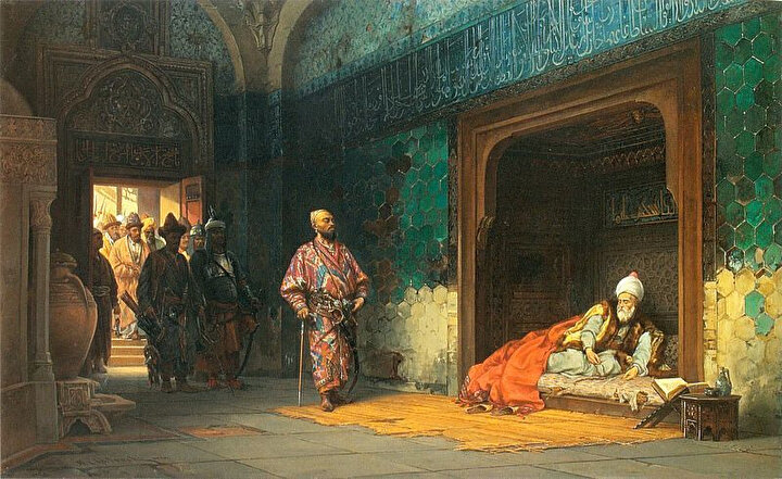 Timur tarafından hapsedilen I. Bayezid. Çizeri; Stanisław Chlebowski, 1878.