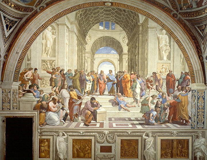 ''The School of Athens'' ''Atina Okulu'' Raffaello Sanzio da Urbino tarafından (1509–1511) yılları arasında çizilmiş bir Rönesans eseri.