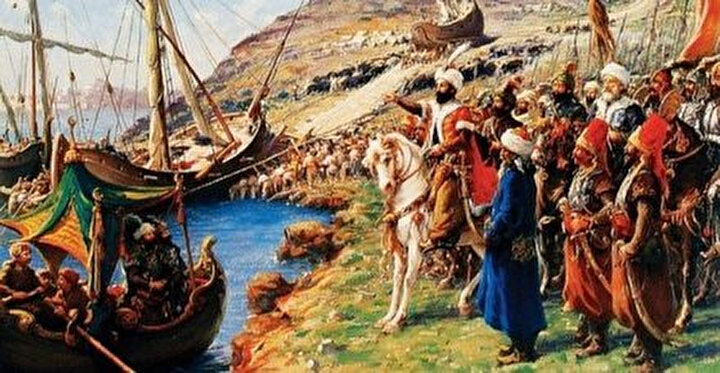 İstanbul'un Fethi'nde Fatih'in yanında bulunan mavi cübbeli kişi Ordu Şeyhi Akşemsettin Efendi