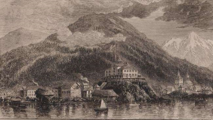 Alaska'nın Rusya'dan Amerika'ya devredildiği sırada Sitka'nın 1867 tarihli bir gazete resmi.