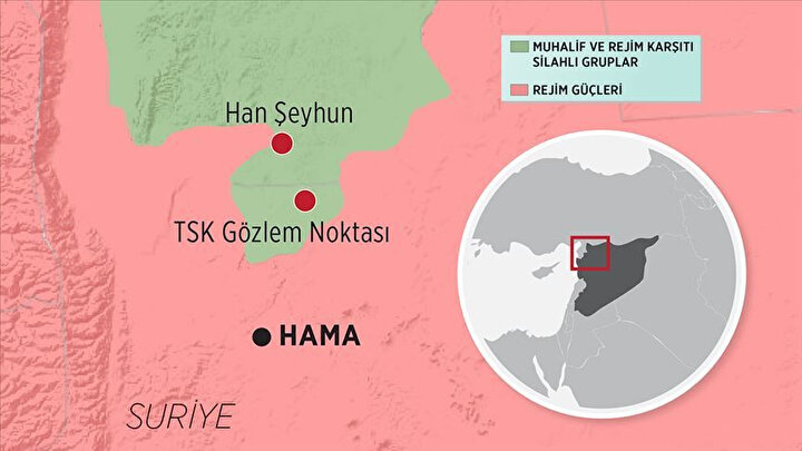 Haritada Esed rejimi ve muhaliflerin kontrol ettikleri bölgeler gösteriliyor.
