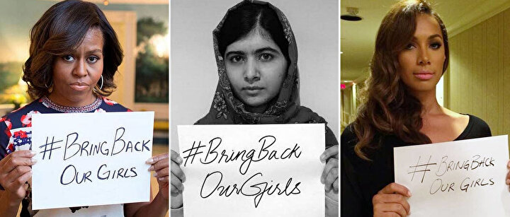 Soldan sağa, Michelle Obama, Malala Yousafzai and Leona Lewis’in sosyal medya üzerinden yayınladığı “#BringBackOurGirls” (Kızlarımızı geri getirin) kampanyasına destek mesajları.