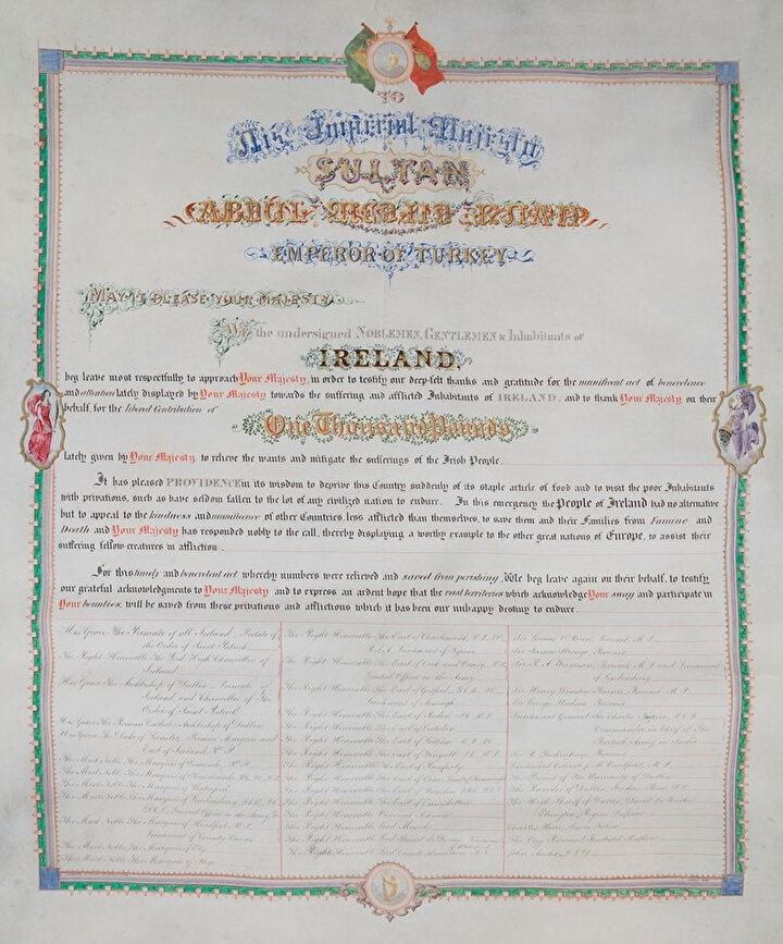1840'larda İrlanda'da yaşanan patates kıtlığı sırasında Osmanlı Sultanı Abdülmecit, İrlanda'ya 1,000 £ bağışladı. Bu mektup da sultana minnettarlıkları iletmek için İrlanda'nın öne çıkan isimleri tarafından kaleme alındı.