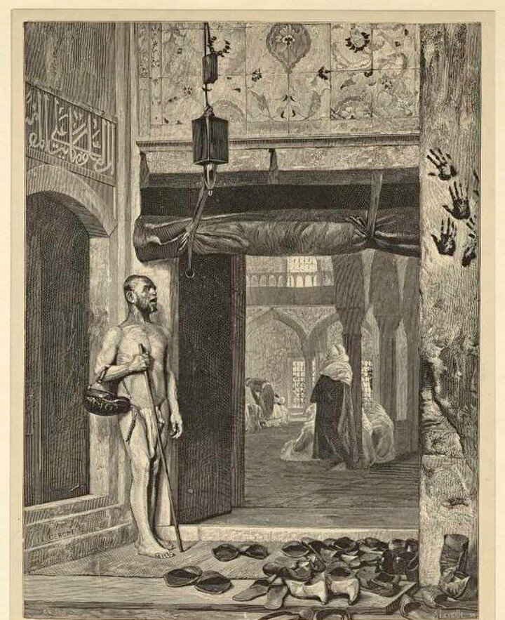 Caminin kapısında bekleyen Mağribi Kalenderî dervişi. (1881, Gérôme, Jean Léon, NYPL Dijital koleksiyonu )