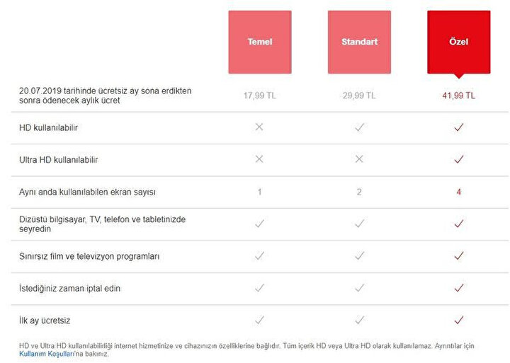 Netflix'in Türkiye'de belirlediği ödeme planları.