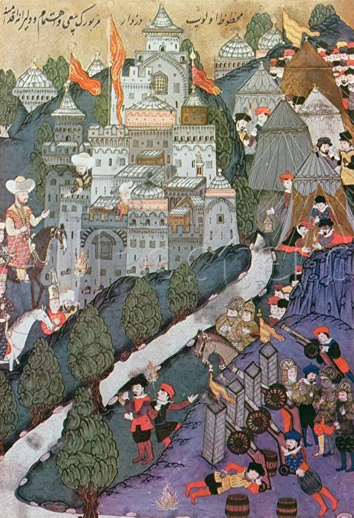 1396 yılına ait Kuşatma altındaki Niğbolu kalesi gösteren minyatür, Topkapı Sarayı, İstanbul.