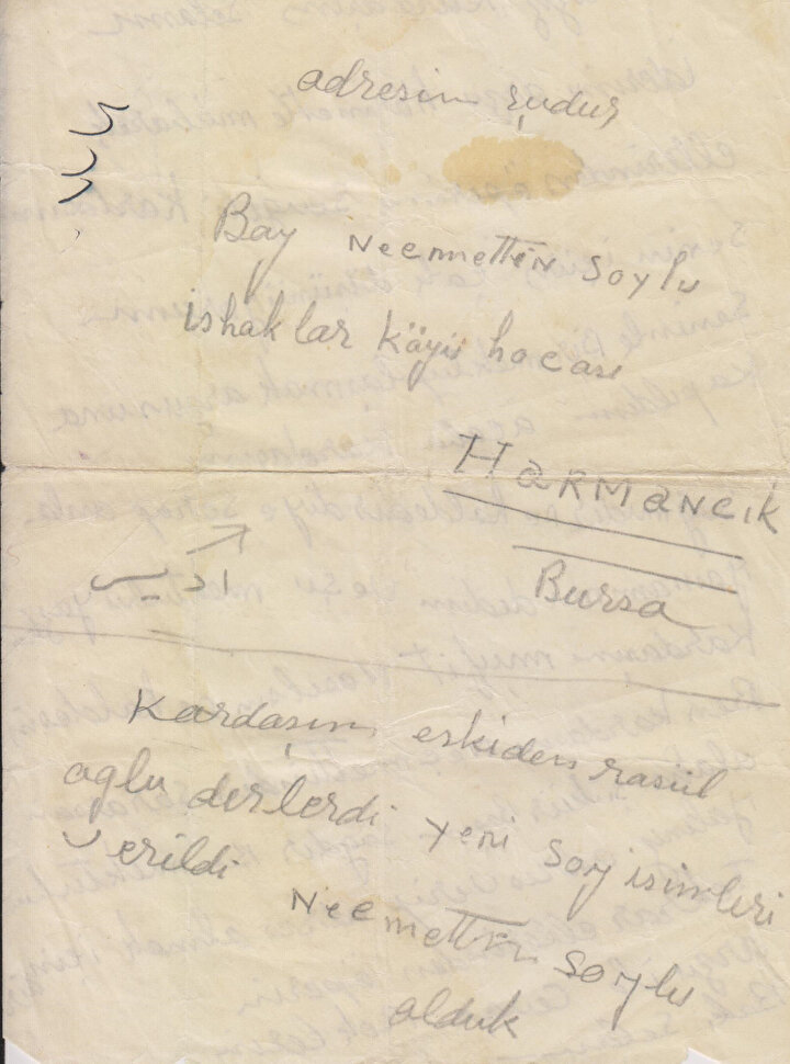 Harmancık’ta imam olan Necmeddin’in, kardeşi Hafız Müfid’e gönderdiği mektupta “Soylu” soyadını aldığını ifade ettiği mektup.