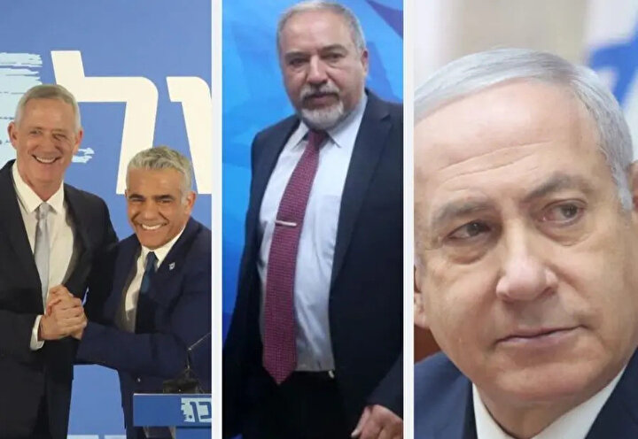 (Soldan sağa) Mavi-Beyaz İttifakının liderleri Benny Gantz ve Yair Lapid. Eski Savunma Bakanı İsrail Evimiz Partisi lideri Avigdor Liberman ve Başbakan Netanyahu.