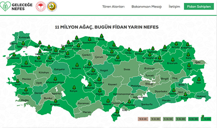 Geleceğe Nefes Ol sitesinde yer alan haritaya bakarak hangi şehirlerde fidan sahiplenme işleminin tamamlandığını görebilirsiniz.