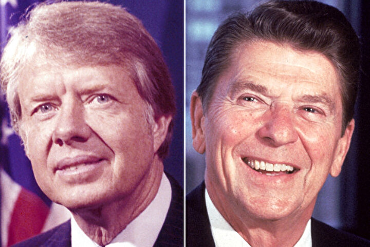 ABD Başkanı Jimmy Carter (solda), rehine krizinin birinci yılında düzenlenen başkanlık seçimlerini Cumhuriyetçi rakibi Ronald Reagan'a karşı kaybetti.