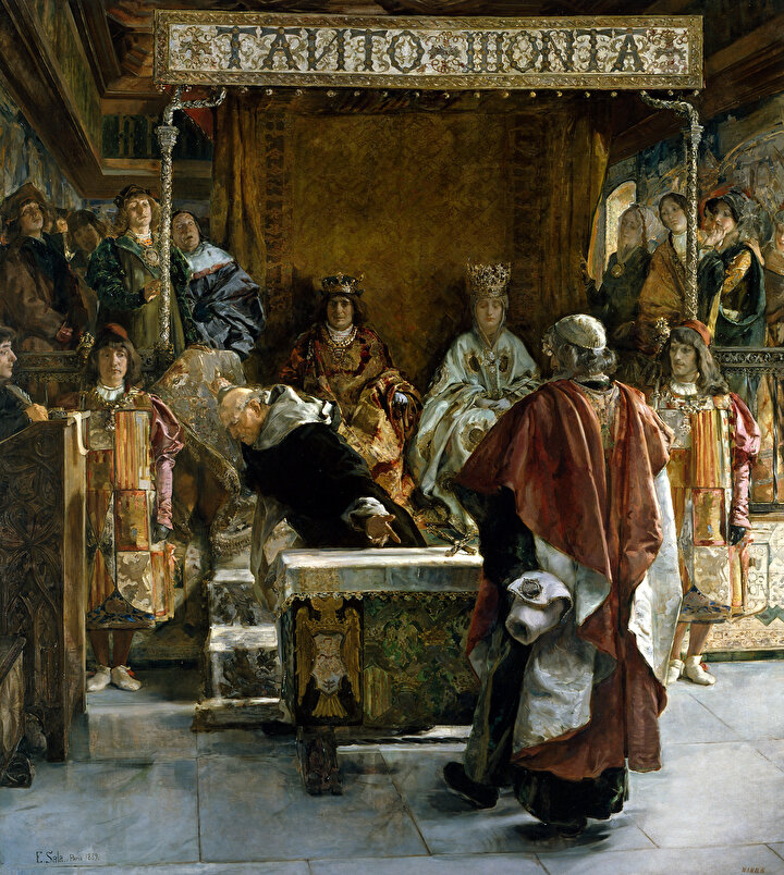 İspanyol Ressam Emilio Sala tarafından çizilen, İspanya topraklarının Katolik dışı bütün unsurlardan temizlenmesi gerektiğini savunan Engizisyon Lideri Tomas de Torquemada’nın, Ferdinand ve İsabel’i Yahudileri sürgün etmesini sağlayacak kararnameyi imzalamaya teşvik ederken tasvir edildiği resim.