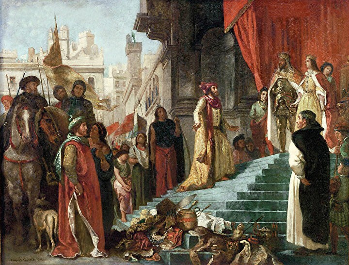 Fransız Ressam Eugene Delacroix’a ait; Kristof Kolomb’u, seyahatlerinin sponsoru olan Ferdinand ve İsabel çiftinin önünde tasvir eden resim.