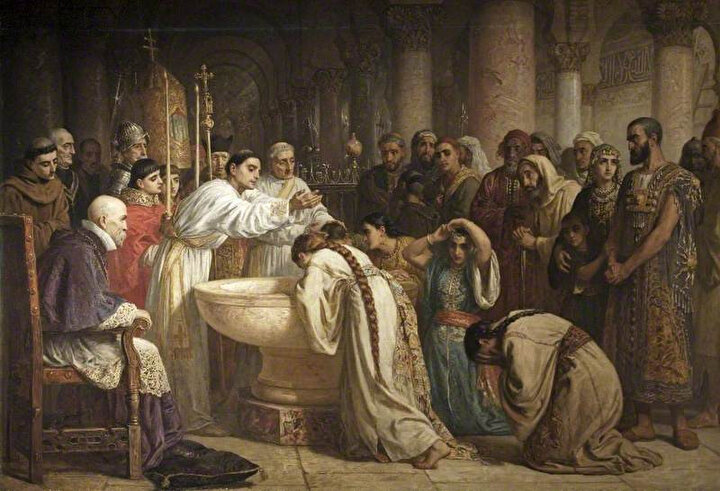 İngiliz Ressam Edwin Long’a ait, Gırnata’daki Müslümanların toplu vaftizlerinin tasvir edildiği resim.