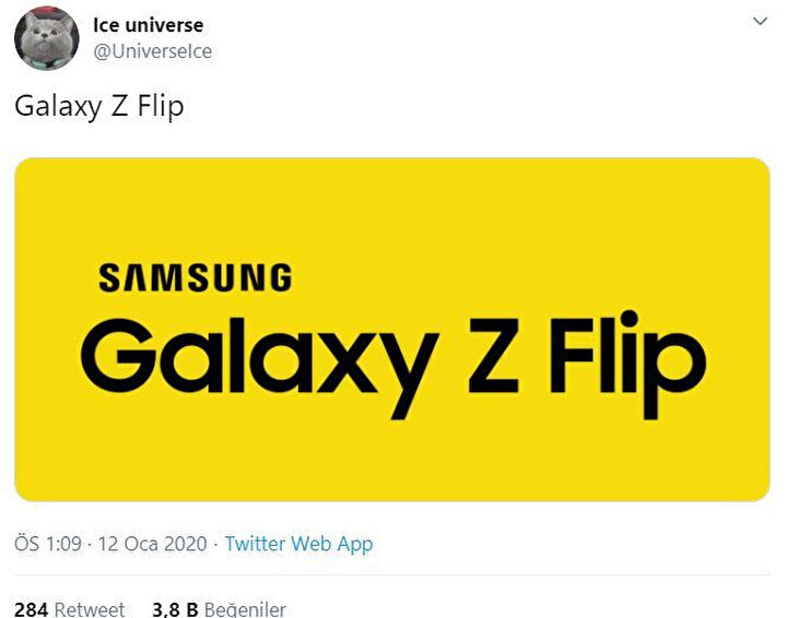 Ice Universe, Samsung'un yeni katlanabilir telefonunun Galaxy Z Flip ismiyle çıkacağını bildiriyor.
