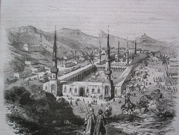 Mescidi- Nebevî'yi gösreren bir gravür... Emevî Camii, Mescid-i Nebevî'nin planı esas alınarak inşa edilmiştir.