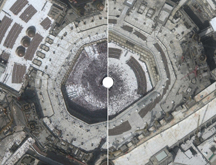 Solda, 14 Şubat 2020'de çekilen fotoğrafta tavaf edenlerin yoğunluğu dikkat çekerken 5 Mart 2020'de çekilen sağdaki fotoğrafta sayının ne kadar azaldığı açıkça görülüyor.