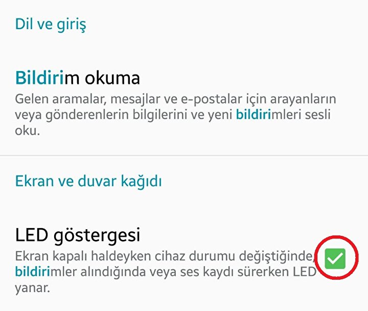 Samsung'larda LED bildirimleri nasıl açılır?