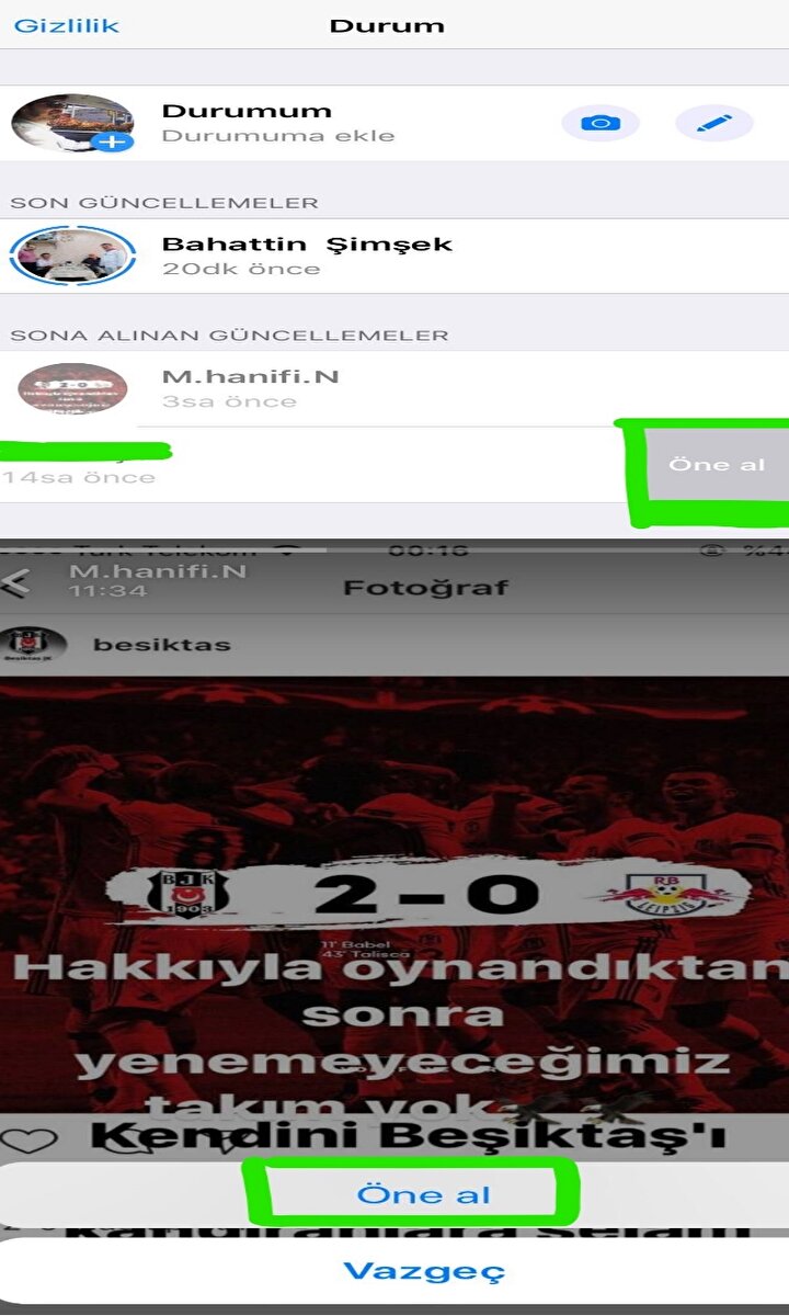 iOS cihazlarda aynı işlemleri yaparak sona aldığınız kişiyi ''Öne al'' butonuyla tekrardan görülebilir listeye alabilirsiniz.