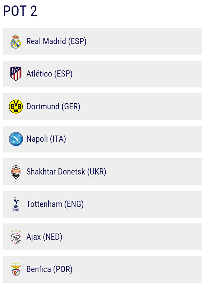2. torbada Real Madrid, Atletico Madrid, Dortmund, Napoli, Shakthar, Tottenham, Ajax, Benfica yer alacak.