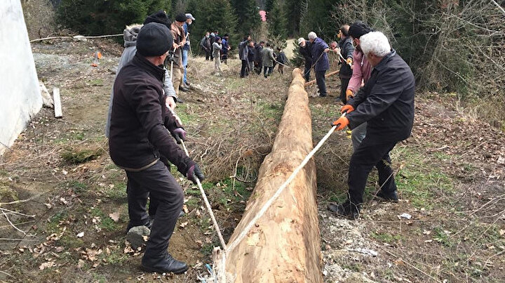 Ahşap caminin minaresi yıkılınca imece usulü ile hareket geçtiler: Köylüler ağacı avluya getirdi