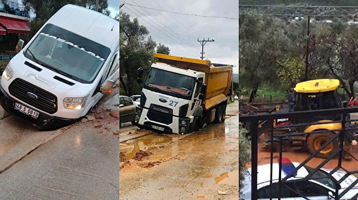 Bodrumda sağanak etkisini sürdürüyor: Okul servisi, kamyon ve kepçe aynı çukura battı