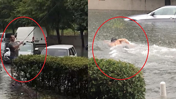 İstanbul’da güldüren sel manzaraları: Cadde ortasında balık tutan da var kulaç atan da