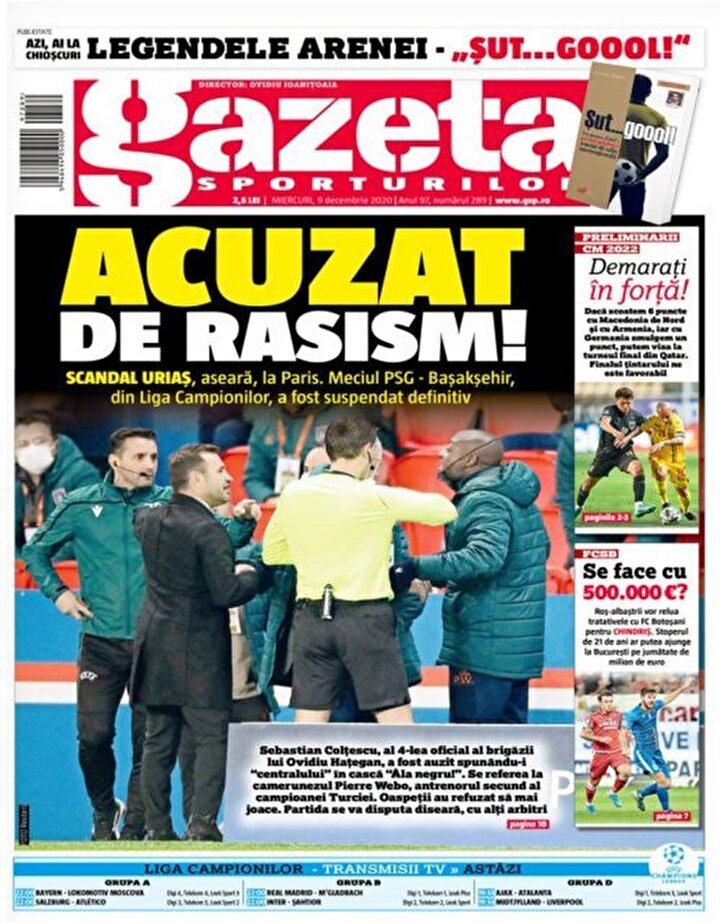 Gazeta Sporturilor (Romanya): “Şampiyonlar Ligi tarihinde görülmemiş olay. Sebastian Coltescu’nun ırkçı tepkisinin ardından Başakşehir ve Paris Saint-Germain sahayı terk etti”