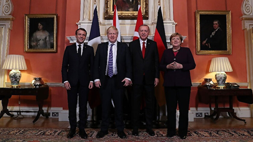 Fransa Cumhurbaşkanı Emmanuel Macron, İngiltere Başbakanı Boris Johnson, Cumhurbaşkanı Erdoğan, Almanya Başbakanı Angela Merkel
