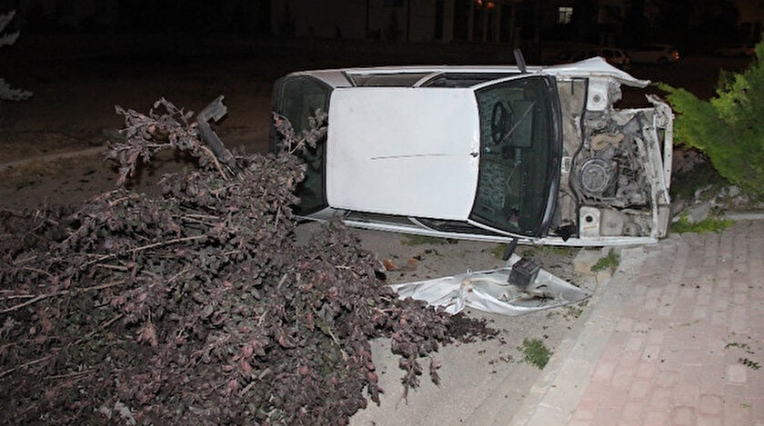 Kaldırıma çıkarak ağaçları kıran otomobil devrildi.