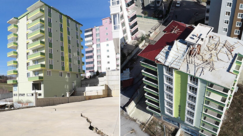 Yapılan incelemelerde, çevresindeki duvarlarda çatlaklar oluşup, zeminin de kayma saptanan apartmanın yıkılma riski bulunduğu tespit edildi.
