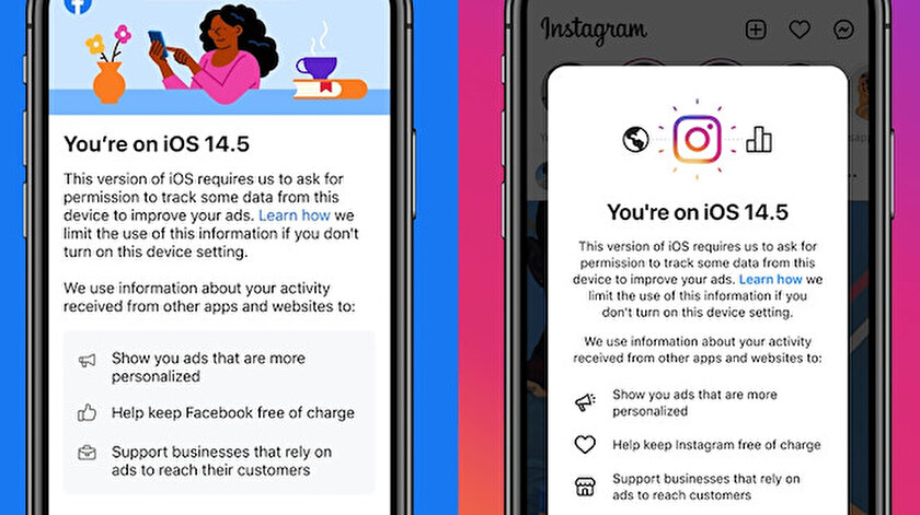Facebook ve Instagram iOS 14.5 yükleyen kullanıcılara uyarı göndermeye başladı