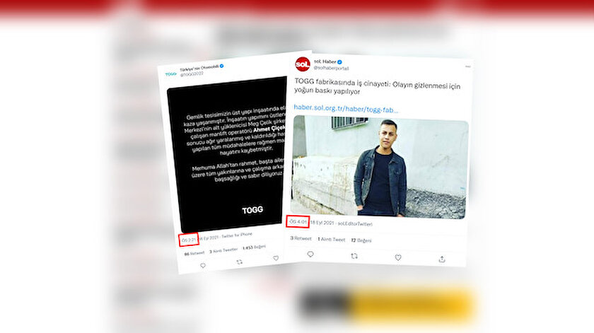 Haber sitesi Soldan TOGG fabrikasındaki işçi ölümü gizleniyor yalanı